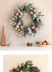 Detailed view of Christmas wreath featuring festive pine cones and colorful ornaments