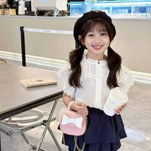 Kids white lace shirt and navy ruffle skirt set with pink bow pearl handbag