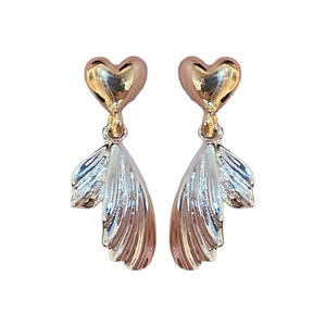 Gold plated heart stud earrings with shell texture wing tassels and silver needles
