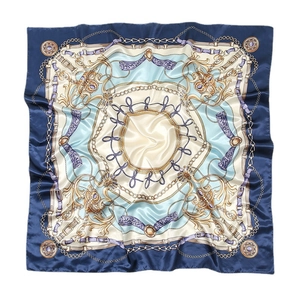 Elegant 90cm square silk scarf with vintage gold chain and rope print on blue background
