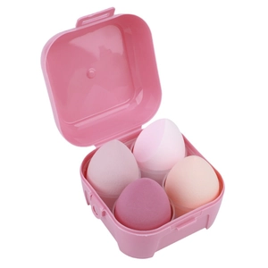 Set of 4 soft teardrop makeup sponges in various pink tones with a portable storage case