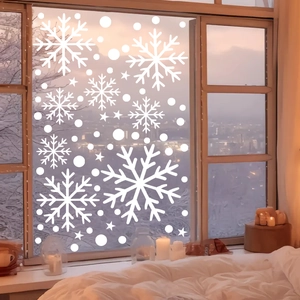 White snowflake window stickers for glass decoration with diverse festive patterns