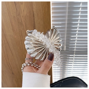Detailed view of a silver shell-shaped mini bag with a clear acrylic beaded handle