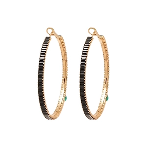 Luxurious gold hoop earrings with black enamel inlay and green gemstones for women