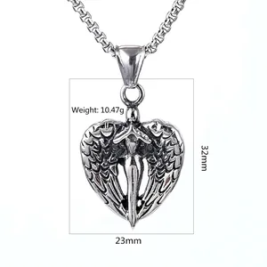 Archangel Michael angel wings heart pendant necklace in vintage steel, size 32x23mm