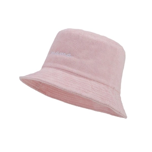 Pink terry cloth bucket hat with white mama embroidery and minimalist Japanese style