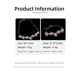 Size guide for zircon flower pendant necklace and bracelet set with copper and pink stones