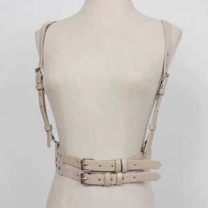 Beige faux leather harness corset belt with shoulder straps and metal buckles for women