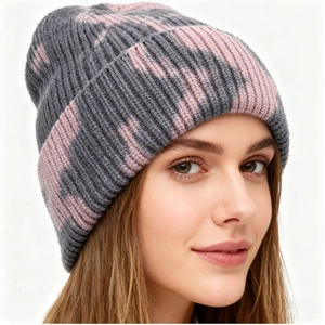 Winter-Strickmütze mit Tie-Dye in Grau und Rosa mit Rippbündchen für Damen und Herren