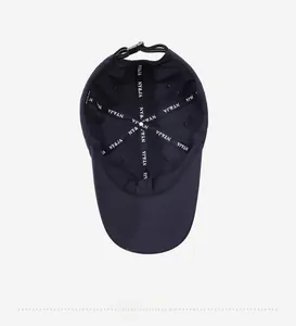 Detail of navy sun hat interior featuring breathable cotton fabric and adjustable buckle
