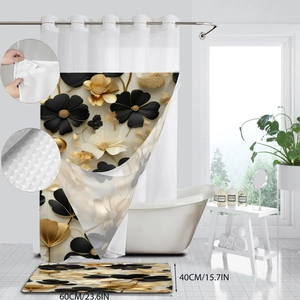 Waterproof shower curtain and non-slip bath mat set with 3D black gold flower patterns