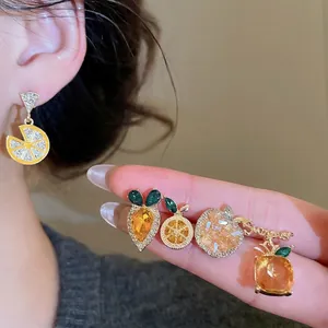 Champagne gold fruit earring set with lemon, apple and carrot shapes featuring crystals