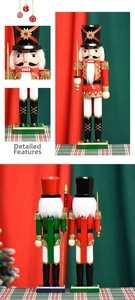 Detailed view of 38cm wooden nutcracker soldiers with red and green Christmas uniforms