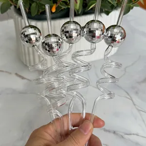 Five-piece disco ball spiral straw set with silver mirror finish for party decor