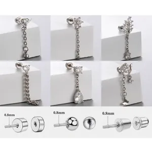 Titanium Steel Cartilage Stud Earrings With Zircon Heart Flower Butterfly Dangle Chain Screw Back Piercing Jewelry Women