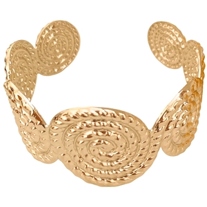 Minimalist gold metal cuff bracelet featuring textured spiral circular weave designs