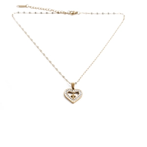 Gold stainless steel heart necklace with crystal cross pendant on a white background
