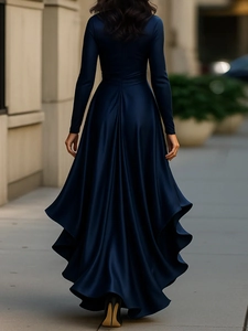 Rear view of elegant navy blue satin maxi dress with ruffled hem and waisted silhouette