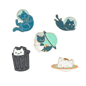 Set of 5 cute cartoon space cat enamel pins featuring astronauts and planetary themes