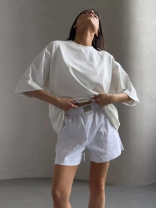 Women white oversized cotton T-shirt and shorts two-piece set for summer casual wear