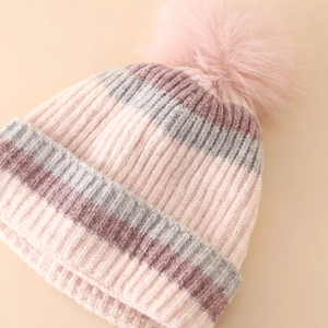 Winter striped knit hat with pink pompom and thick thermal ear protection for kids