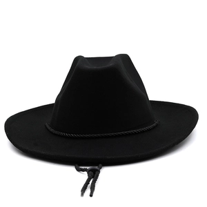 Detail of wool felt wide brim fedora hat with black twisted rope and adjustable chin strap