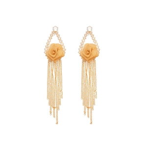 Gold-plated flower tassel earrings with pink fabric rose and sparkling zircon crystals