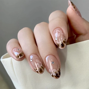 Press On Nails Almond Shape French Brown Leopard Pattern Pink Flowers Rhinestones Nude Fake Nails For Women Wearable Manicure