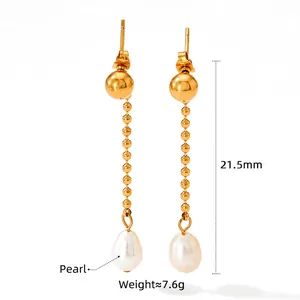Elegant gold beaded tassel earrings with freshwater pearls, 21.5mm length, 7.6g weight
