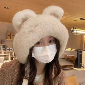 Winter plush trapper hat with fox ears in cream white faux fur for women
