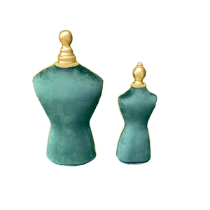 Dark green velvet jewelry bust mannequin set with gold accents for necklace display