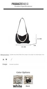 Detailed size chart for bow pearl handbag with dimensions for white and black options