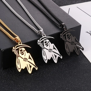 Grim Reaper Scythe Pendant Necklace Stainless Steel Hip Hop Punk Gothic Dark Style Jewelry For Men Cool Charm Gift