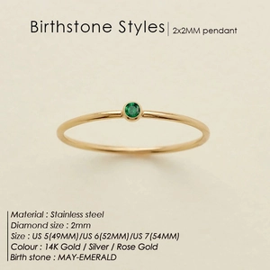 Minimalist 14K gold stainless steel ring featuring a 2mm green May emerald gemstone