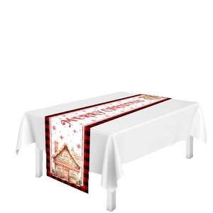 Christmas table runner with gingerbread house and red black buffalo plaid border
