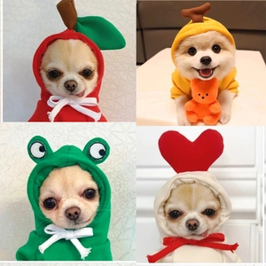 Plush pet hoodies for small dogs and cats in apple, frog, and fruit shapes