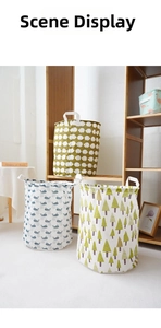Three foldable laundry baskets with hedgehog, whale, and tree prints in a cozy home setting