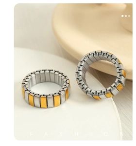 Detail of industrial stretch ring featuring two-tone gold and silver modular metal links