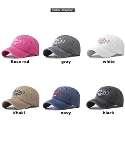 Color display showing six variations of vintage washed cotton New York City baseball caps