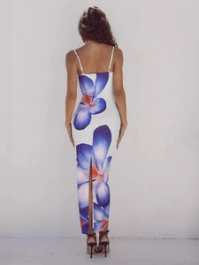 Slim fit floral maxi dress with blue flower print and back slit for women