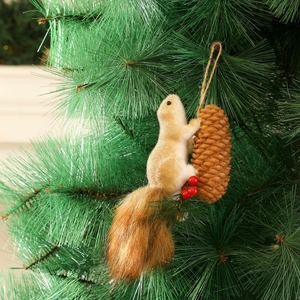 Realistic squirrel Christmas tree ornament with pine cones and berries on green branches