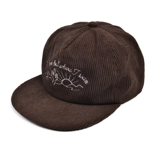 Detail of dark brown corduroy flat brim cap featuring white cactus and sun embroidery
