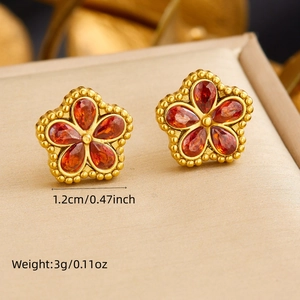 Gold plated stainless steel five-petal flower stud earrings with red crystals
