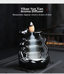 Detail of ceramic backflow incense burner showing dimensions 8.6x8.6x9.5cm and smoke waterfall