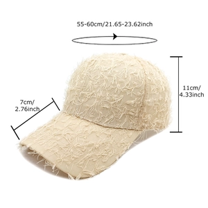 Beige frayed fringe lace baseball cap with breathable hollow design and adjustable strap