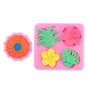 Pink silicone mold set featuring sunflower hibiscus plumeria and monstera leaf shapes