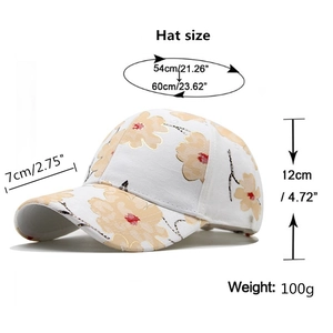 White baseball cap with floral pattern and 54-60cm sizing details for women outdoor sun use