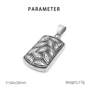 Detail of square Eye of Providence pendant showing 44x24mm size and 17g weight specs