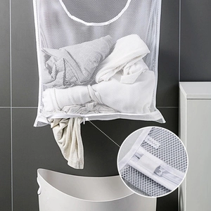 Wall-mounted mesh laundry bag for bathroom with bottom zipper for easy storage