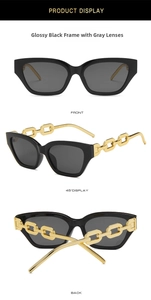 Detailed three-way view of cat eye sunglasses featuring black frames and gold chain temples